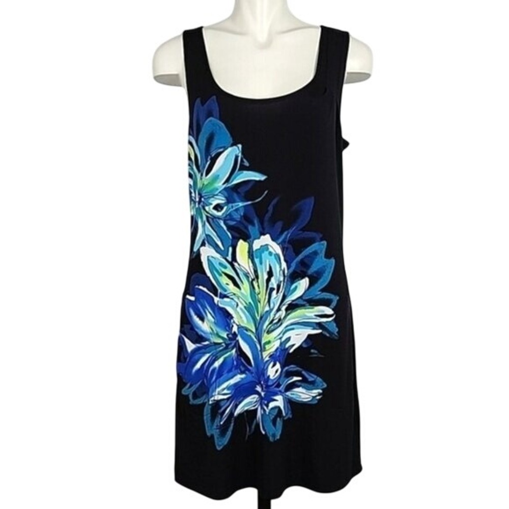 Simon Chang Women's Black Blue Floral Sleeveless Shift Dress Small
